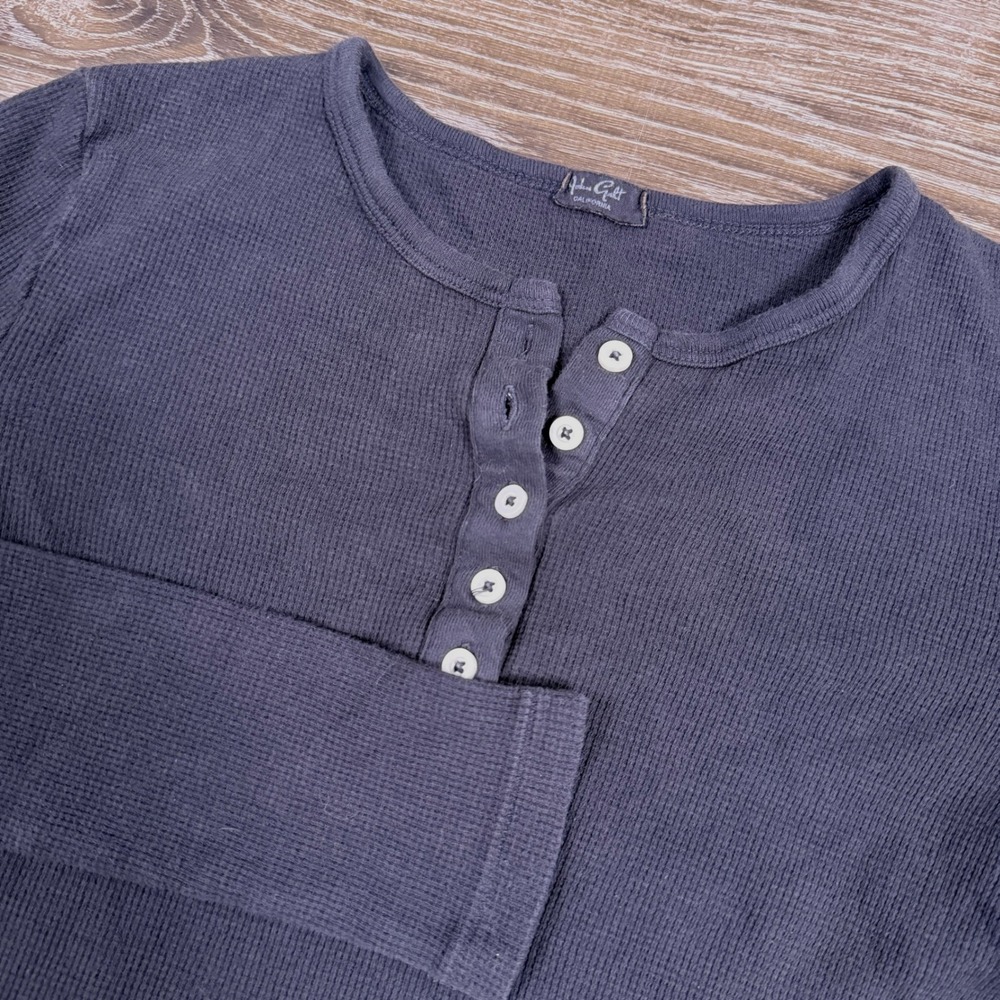 John Galt Henley Top Womens One Size Black Thermal Long Sleeve Waffle Knit‎